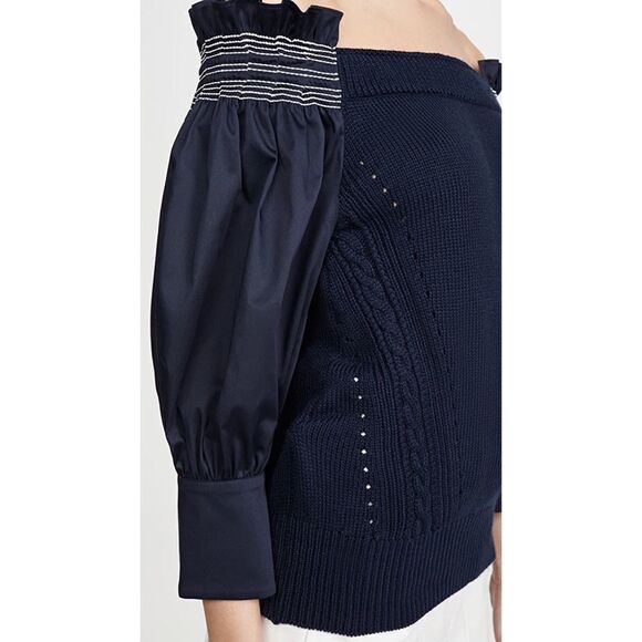 Adeam Womens Off Shoulder Smocking Sweater Navy Blue Cotton Size Extra Small - Picture 5 of 13